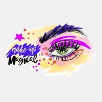 make-up is magisch, handgeschreven letters, mode, letterontwerp, oogschaduw vector