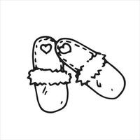 vector tekening in de stijl van doodle. slippers. paar schattige pantoffels met harten, eenvoudig tekensymbool van comfort, gezellig huis, knuffel. blijf thuis, huishoudelijke artikelen