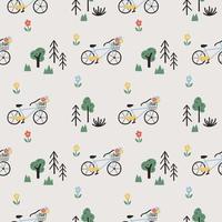 naadloos patroon met fietsen, bloemen en bomen op lichtgrijze achtergrond. schattig ontwerp in cartoonstijl voor kinderkleding, textiel, inpakpapier vector