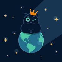 vectorillustratie van een zwarte kat met een kroon op zijn hoofd zit op de globe vector