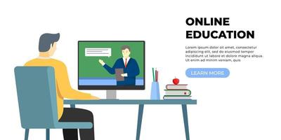 student man leren op afstand en online onderwijs thuis. jongen zit aan bureau met boeken en studeren op de computer. internet onderwijs bestemmingspagina concept. e-learning website vector eps illustratie