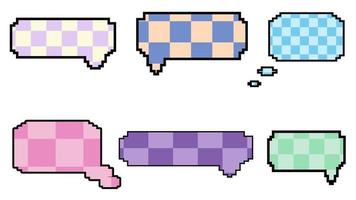 set van schattige esthetische pixel tekstballon, gespreksdoos, chatbox, spreekballon, denkballon dambord, geruit, plaid, gingang, tartan op witte achtergrond vector