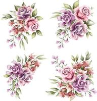 set aquarel bloemstukken met rode en paarse bloemen vector