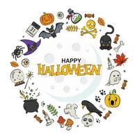 happy halloween-kaart met traditionele evenementelementen en happy halloween-tekst vector