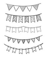 doodle partij bunting vlaggen set. zwarte lijn schets slingers vector