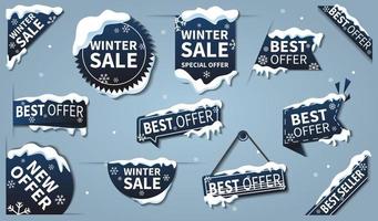 winter verkoop label set collectie. verkooptags, rood lint met korting, winkeltags vector