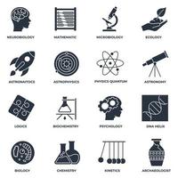 set van wetenschap pictogram logo vectorillustratie. biologie, scheikunde, neurobiologie, natuurkunde, microbiologie, logica, astronomie en meer pack symboolsjabloon voor grafische en webdesign collectie vector