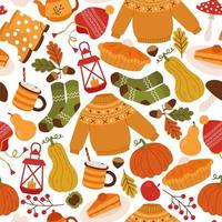 vector naadloze achtergrond met gezellige elementen. herfstpatroon met trui, sokken, taart, cacao, pompoenen, theepot, bladeren en eikels. heldere herhalende textuur. inpakpapier.