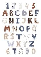kinderen stijl schattig lettertype ontwerp, speels kinderachtig alfabet, letters en cijfers vectorillustratie. abc poster met alfabet voor onderwijs vector