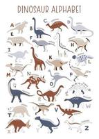 dinosaurus vector abc alfabet voor kinderen en als leermiddelen. schattige kleurrijke poster met handgetekende cartoon schattige dinosaurussen en letters composities.