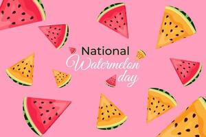 watermeloen dag. 3 augustus. wereld watermeloen dag. nationale watermeloendag. mooie watermeloen banner op een roze achtergrond. plakjes watermeloen. sappige achtergrond vector