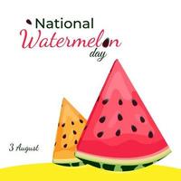 watermeloen dag. watermeloen vakantie. nationale watermeloendag. twee plakjes geel en rood op een witte achtergrond met zaden vector