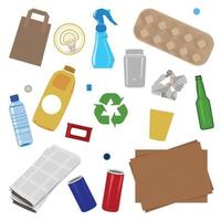 papier plastic glazen blikken doos huis recycling spullen set vector