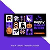 happy halloween-achtergrond, uitnodigingskaart, met grafsteen, vleermuis, spook, pompoen, heksenhoed geïsoleerde vector