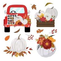 herfst illustraties instellen. rode pick-up truck, rustieke houten kist, pastel pompoenen, bloemen, bladeren en gebladerte. geïsoleerde elementen op een witte achtergrond. herfst Thanksgiving, oogst grafisch ontwerp vector