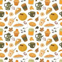 herfst pompoen kruid patroon. herfst seizoensgebonden eten en drinken. geïsoleerd op een witte achtergrond. schattige oranje pompoen, kopje koffie, pompoentaart, cake, bladeren. vector