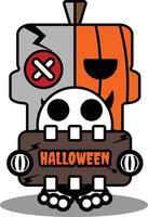 vector cartoon schattig mascotte schedel karakter voodoo-pop pompoen met halloween bord