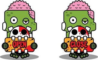 cartoon vector mascotte halloween zombie schedel groen schattig karakter houden open close board