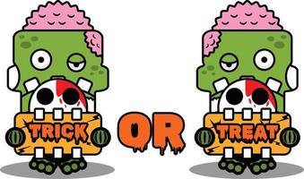 cartoon vector mascotte halloween zombie schedel groen schattig karakter met trick or treat bord