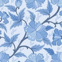 zwart-wit blauwe bloemen en bladeren naadloos patroon vector