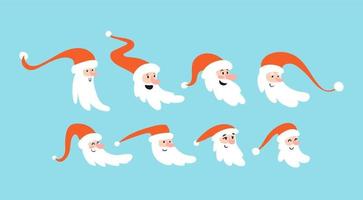 set van grappige cartoon santa claus hoofden op een blauwe achtergrond. verzameling van diverse kerstkoppen in rode doppen. vector voorraad illustratie geïsoleerd.