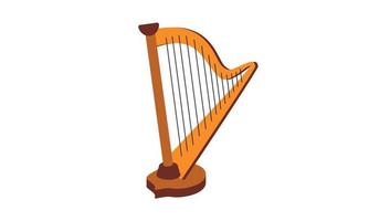 houten harp vectorontwerp. klassieke harp vlakke stijl vectorillustratie geïsoleerd op een witte achtergrond. harp clipart. antiek, oud klassiek snaarinstrument met snaren. bruine harp vlakke stijl vector