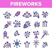 vuurwerk, voetzoekers dunne lijn iconen vector set