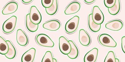 schattige groene avocado's op een lichte pibk-achtergrond. trendy avocado-patroonontwerp voor behang, print, stof en briefpapier. groene avocado's sticker patroon. geïllustreerd vectorfruit. vector