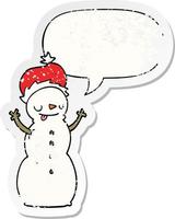 cartoon kerst sneeuwpop en toespraak bubble noodlijdende sticker vector