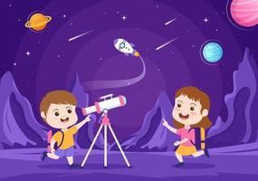 astronomie cartoon afbeelding met schattige kinderen kijken naar nachtelijke sterrenhemel, melkweg en planeten in de ruimte door telescoop in platte handgetekende stijl vector