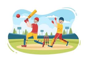 batsman cricket sporten spelen met bal en stok in platte cartoon veld achtergrond afbeelding vector