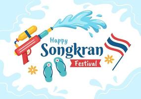 gelukkige songkran festival dag hand getekende cartoon afbeelding spelen waterpistool in thailand viering in vlakke stijl achtergrondontwerp vector