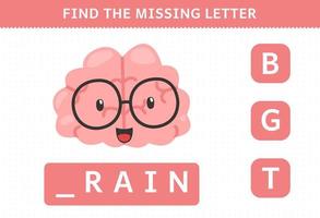 educatief spel voor kinderen vind ontbrekende letter schattige cartoon menselijk orgel hersenen werkblad vector