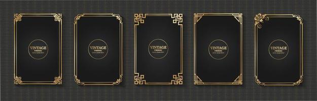 rechthoekig gouden frame decoratie set vintage kalligrafie grens frame luxe elegant zwart achtergrondontwerp vector