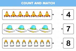 educatief spel voor kinderen tellen en matchen tel het aantal schattige cartoon zonnestelsel raket ufo ruimteschip en match met de juiste nummers afdrukbaar werkblad vector