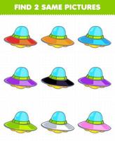 educatief spel voor kinderen vind twee dezelfde foto's leuke cartoon zonnestelsel ufo vector