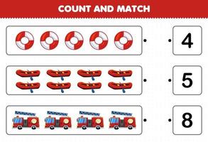educatief spel voor kinderen tellen en matchen tel het aantal cartoon reddingstransport reddingsboei opblaasbare boot brandweerwagen en match met de juiste nummers afdrukbaar werkblad vector