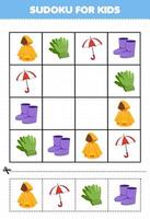educatief spel voor kinderen sudoku voor kinderen met cartoon draagbare kleding regenjas handschoen paraplu boot foto vector