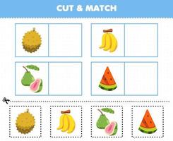 educatief spel voor kinderen knip en match dezelfde foto van cartoon fruit durian banaan guave watermeloen afdrukbaar werkblad vector