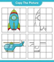 kopieer de afbeelding, kopieer de afbeelding van raket en helikopter met rasterlijnen. educatief kinderspel, afdrukbaar werkblad, vectorillustratie vector