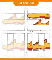 knip en plak, knip delen van hardloopschoenen uit en lijm ze. educatief kinderspel, afdrukbaar werkblad, vectorillustratie vector