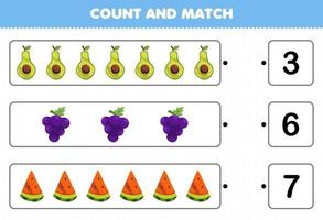 educatief spel voor kinderen tellen en matchen tel het aantal cartoonvruchten avocado druif watermeloen en match met de juiste nummers afdrukbaar werkblad vector