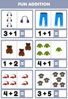 onderwijs spel voor kinderen leuke toevoeging door tellen en som cartoon draagbare kleding hoofdtelefoon jean vest trui cap t-shirt foto's werkblad vector