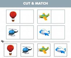 educatief spel voor kinderen knip en match dezelfde foto van schattige cartoon vliegende transportballon vliegtuig helikopter vliegtuig afdrukbaar werkblad vector