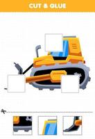 educatief spel voor kinderen knip en lijm delen van schattige cartoon transport zware machine bulldozer en lijm ze afdrukbaar werkblad vector