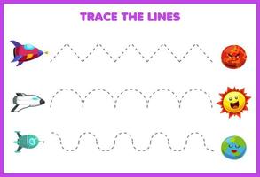 onderwijs spel voor kinderen handschrift praktijk traceer de lijnen bewegen schattige cartoon zonnestelsel raket ruimteschip zon planeet vector