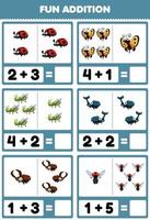 educatief spel voor kinderen leuk optellen door te tellen en op te tellen schattige cartoon insect dier lieveheersbeestje vlinder sprinkhaan kever vlieg foto's werkblad vector