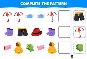 onderwijs spel voor kinderen voltooi het patroon logisch denken vind de regelmaat en ga door met de rij taak met cartoon draagbare kleding regenjas paraplu masker boot broek fedora portemonnee handschoenen vector