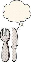cartoon mes en vork en gedachte bel in stripboekstijl vector