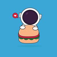 schattige gelukkige astronaut knuffel hamburger vector